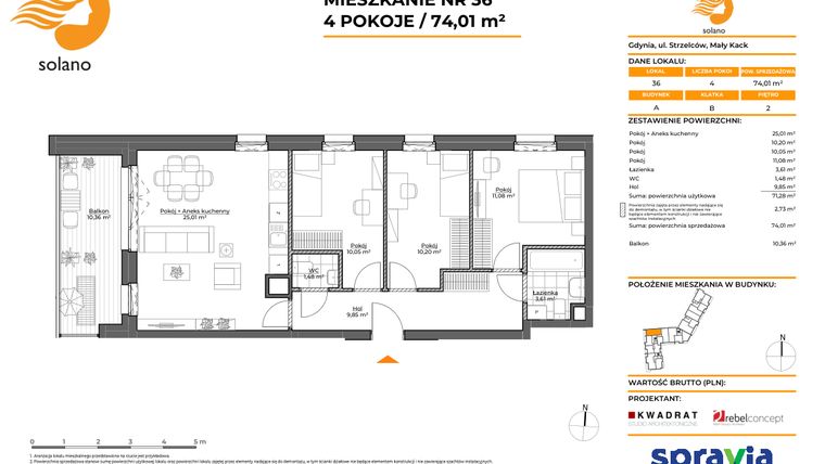 Rzut - Mieszkanie na sprzedaż 4 pokoje o powierzchni 74,01 m² - numer A.36 w Solano