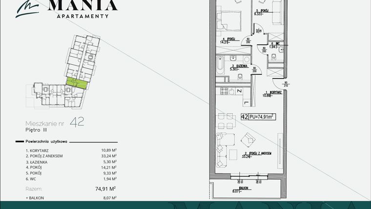 Rzut - Mieszkanie na sprzedaż 3 pokoje o powierzchni 74,91 m² - numer 42 w MANIA Apartamenty