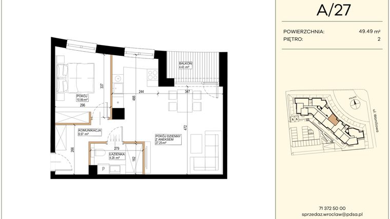 Rzut - Mieszkanie na sprzedaż 2 pokoje o powierzchni 49,49 m² - numer WA2/A/27 w Waniliowa