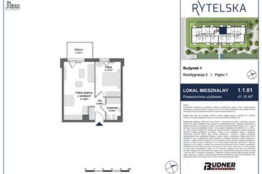 Rzut - Mieszkanie na sprzedaż 2 pokoje o powierzchni 41,15 m² - numer 1.1.01 w Rytelska