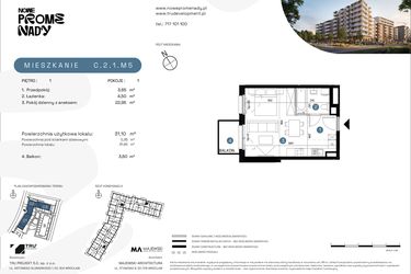 Rzut - Mieszkanie na sprzedaż 1 pokój o powierzchni 31,1 m² - numer C.2.1.M5 w Nowe Promenady etap II