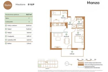 Rzut - Mieszkanie na sprzedaż 3 pokoje o powierzchni 54,71 m² - numer D12-P w Fauna