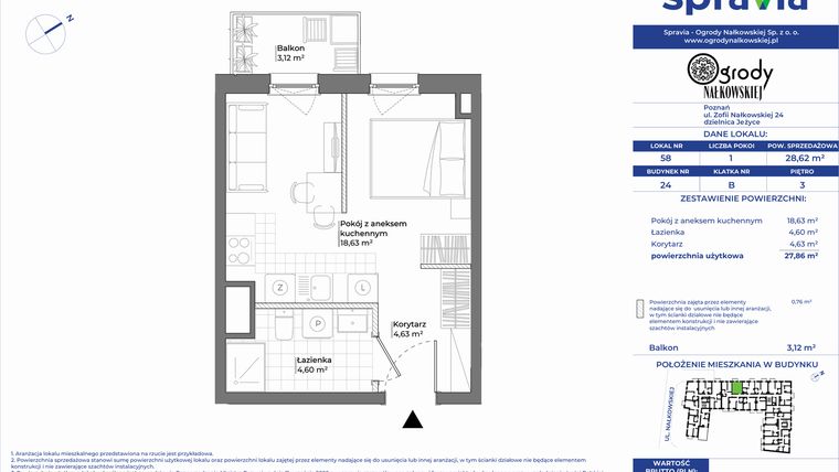 Rzut - Mieszkanie na sprzedaż 1 pokój o powierzchni 28,62 m² - numer 24/58 w Ogrody Nałkowskiej