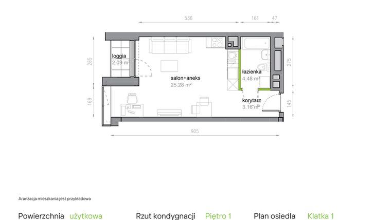 Rzut - Mieszkanie na sprzedaż 1 pokój o powierzchni 32,92 m² - numer K1/1/07 w Piękna Vita