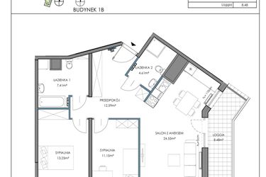 Rzut - Mieszkanie na sprzedaż 3 pokoje o powierzchni 73,65 m² - numer 1B.184E w Osiedle Horizon