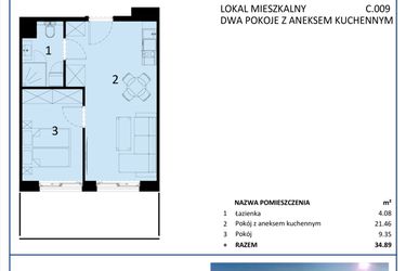Rzut - Mieszkanie na sprzedaż 2 pokoje o powierzchni 34,89 m² - numer C.009 w Perłowa Przystań - Sianożęty - etap III