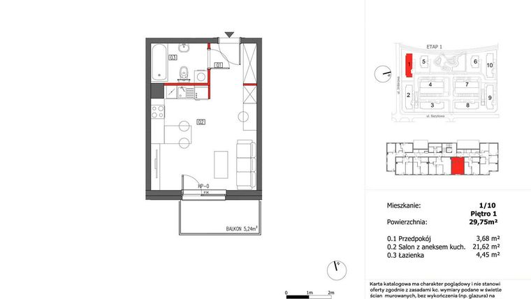 Rzut - Mieszkanie na sprzedaż 1 pokój o powierzchni 29,75 m² - numer 1/10 w Słoneczny Zakątek