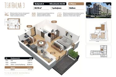 Rzut - Mieszkanie na sprzedaż 1 pokój o powierzchni 36,18 m² - numer A 2.05 w Teatralna 3 - etap II