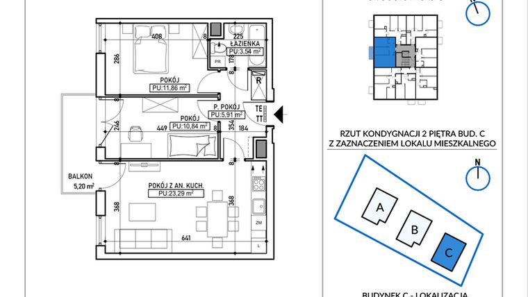 Rzut - Mieszkanie na sprzedaż 3 pokoje o powierzchni 55,44 m² - numer 5-15 w Jodłowicka 5