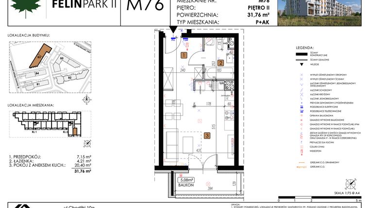 Rzut - Mieszkanie na sprzedaż 1 pokój o powierzchni 31,81 m² - numer M76 w Felin Park II etap 2