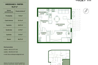 Rzut - Mieszkanie na sprzedaż 2 pokoje o powierzchni 46,27 m² - numer 4 w Bukowa etap II