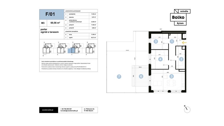Rzut - Mieszkanie na sprzedaż 3 pokoje o powierzchni 60,56 m² - numer F/01 w Osiedle Bolko etap II