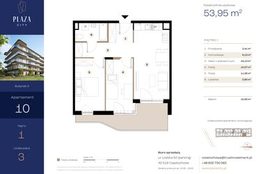 Rzut - Mieszkanie na sprzedaż 3 pokoje o powierzchni 53,95 m² - numer B4M10 w Plaza City