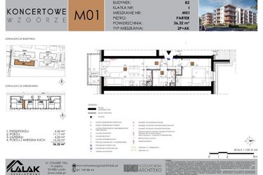 Rzut - Mieszkanie na sprzedaż 2 pokoje o powierzchni 36,32 m² - numer B2.1 w Koncertowe Wzgórze