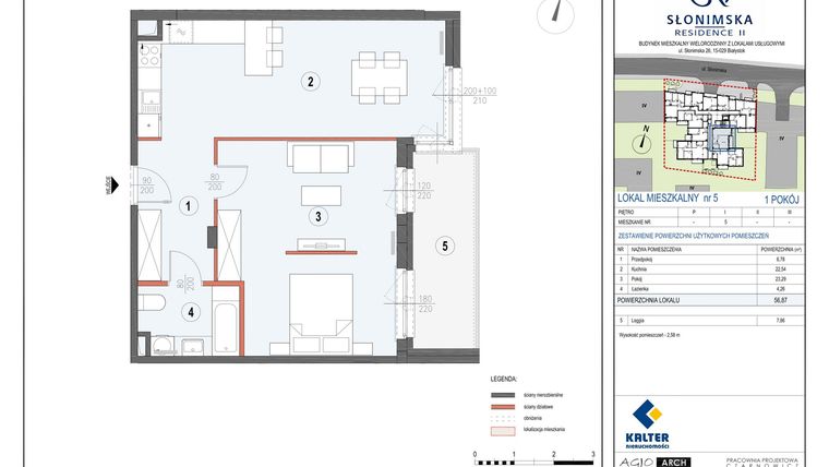 Rzut - Mieszkanie na sprzedaż 1 pokój o powierzchni 56,87 m² - numer M5 w Słonimska Residence II