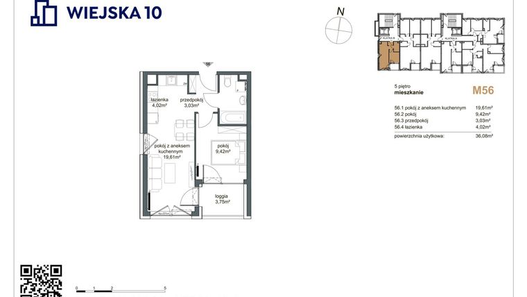 Rzut - Mieszkanie na sprzedaż 2 pokoje o powierzchni 36,08 m² - numer 56 w Wiejska 10