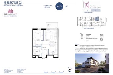 Rzut - Mieszkanie na sprzedaż 2 pokoje o powierzchni 41,5 m² - numer A1-22 w Park Mielecka