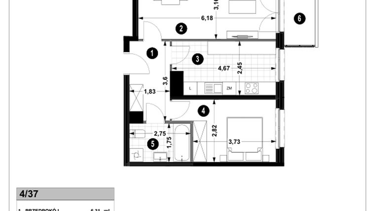 Rzut - Mieszkanie na sprzedaż 2 pokoje o powierzchni 52,56 m² - numer 3A.4/37 w Nowa Winnica