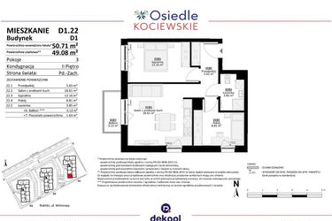 Rzut - Mieszkanie na sprzedaż 3 pokoje o powierzchni 49,08 m² - numer D1.22 w Osiedle Kociewskie etap III