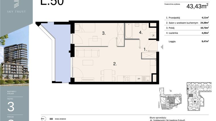 Rzut - Mieszkanie na sprzedaż 2 pokoje o powierzchni 43,43 m² - numer L50 w Sky Trust etap II - apartamenty inwestycyjne 23% VAT PRS