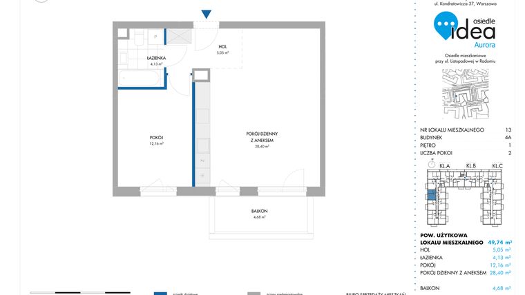 Rzut - Mieszkanie na sprzedaż 2 pokoje o powierzchni 49,74 m² - numer 13.4A w Osiedle Idea Aurora