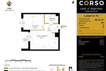 Rzut - Mieszkanie na sprzedaż 2 pokoje o powierzchni 40,76 m² - numer 2A.74 w Corso etap 2