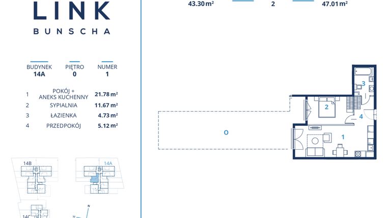 Rzut - Mieszkanie na sprzedaż 2 pokoje o powierzchni 43,3 m² - numer 14A.1 w LINK BUNSCHA