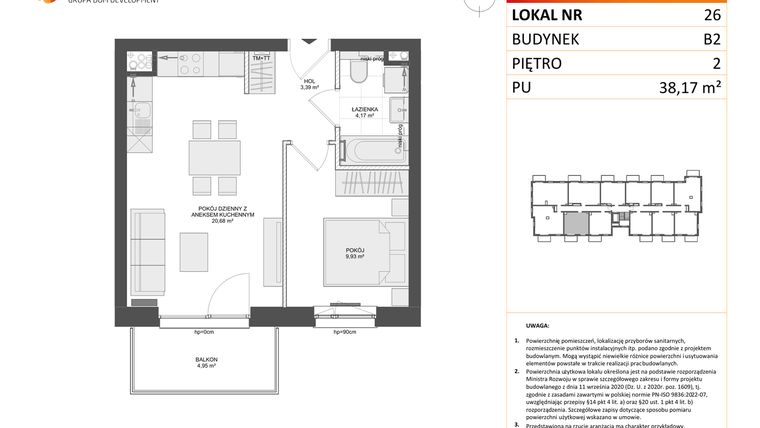 Rzut - Mieszkanie na sprzedaż 2 pokoje o powierzchni 38,17 m² - numer B2.26 w Osiedle Przy Błoniach 3 etap III