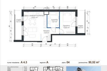 Rzut - Mieszkanie na sprzedaż 2 pokoje o powierzchni 50,52 m² - numer A 4.3 w Nowe Zabłocie