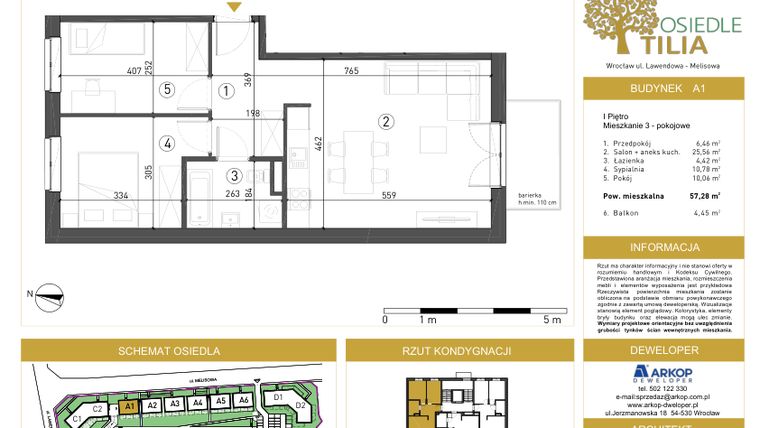 Rzut - Mieszkanie na sprzedaż 3 pokoje o powierzchni 57,28 m² - numer A1/1/6 w Osiedle Tilia