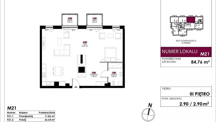 Rzut - Mieszkanie na sprzedaż 4 pokoje o powierzchni 84,76 m² - numer M21 w Słowackiego 78