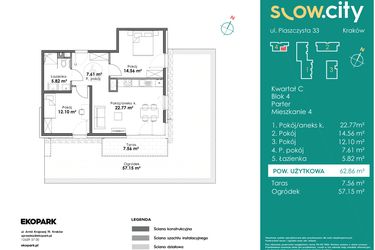 Rzut - Mieszkanie na sprzedaż 3 pokoje o powierzchni 62,86 m² - numer C4-4 w Slow City