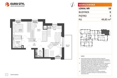 Rzut - Mieszkanie na sprzedaż 3 pokoje o powierzchni 49,85 m² - numer B.10 w Osiedle Warszawska etap III