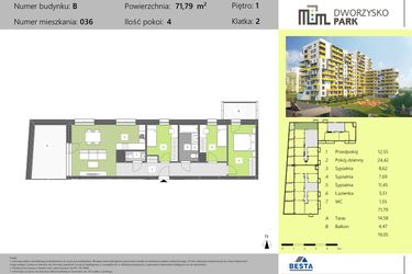 Rzut - Mieszkanie na sprzedaż 4 pokoje o powierzchni 71,79 m² - numer 36 w Dworzysko Park - Etap II