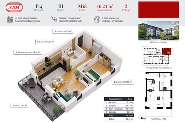 Rzut - Mieszkanie na sprzedaż 2 pokoje o powierzchni 46,24 m² - numer 18 w Tęczowy Zakątek F-14