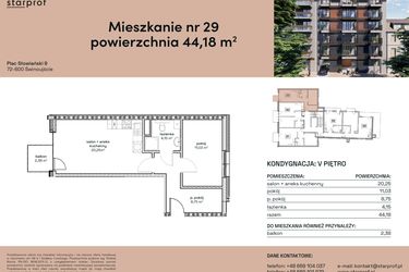 Rzut - Mieszkanie na sprzedaż 2 pokoje o powierzchni 44,18 m² - numer M29 w Plac Słowiański 9