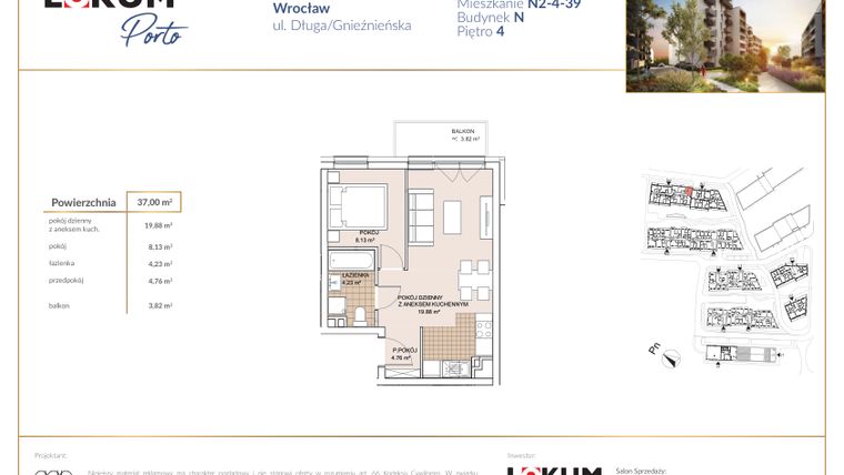 Rzut - Mieszkanie na sprzedaż 2 pokoje o powierzchni 37 m² - numer N2-4-39 w Lokum Porto etap V bud. N