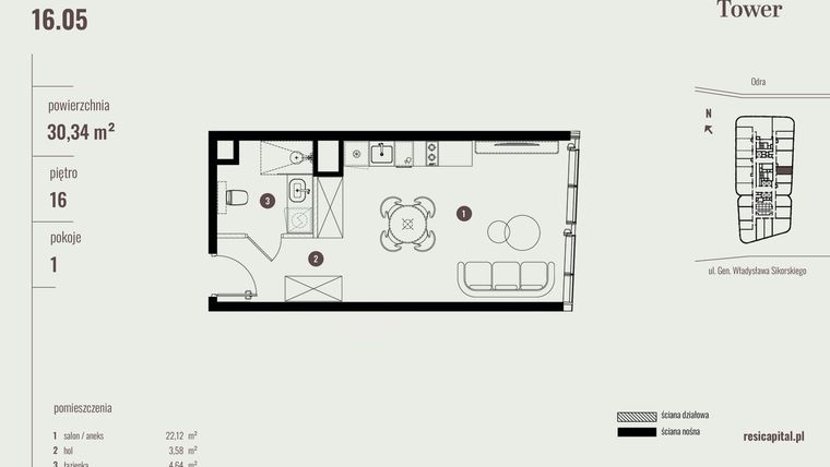 Rzut - Mieszkanie na sprzedaż 1 pokój o powierzchni 30,65 m² - numer 16.05 w Quorum Tower