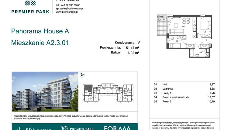 Rzut - Mieszkanie na sprzedaż 3 pokoje o powierzchni 51,47 m² - numer A2.3.01 w Premier Park II