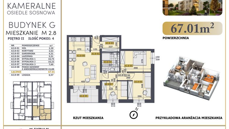 Rzut - Mieszkanie na sprzedaż 4 pokoje o powierzchni 66,25 m² - numer M2.8 w Osiedle Sosnowa G