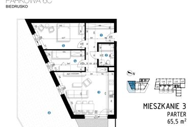 Rzut - Mieszkanie na sprzedaż 3 pokoje o powierzchni 65,5 m² - numer 6C.3 w Parkowa 6AC - ETAP III