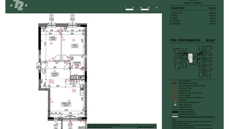 Rzut - Mieszkanie na sprzedaż 3 pokoje o powierzchni 59,26 m² - numer 24 w Wspólnota Mieszkaniowa Gajowa 72