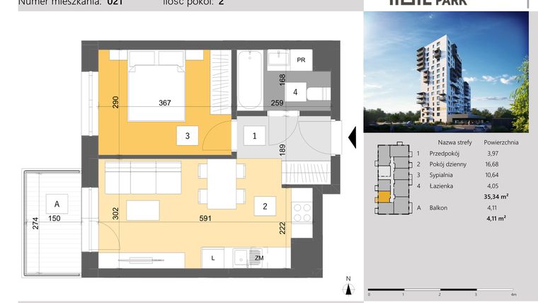 Rzut - Mieszkanie na sprzedaż 2 pokoje o powierzchni 35,34 m² - numer 21 w Dworzysko Park - Etap III