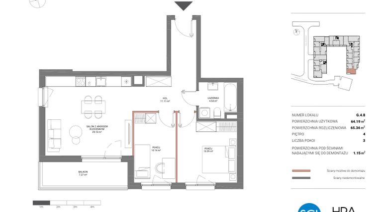 Rzut - Mieszkanie na sprzedaż 3 pokoje o powierzchni 65,34 m² - numer G.4.8 w Łopuszańska 47 - etap 2
