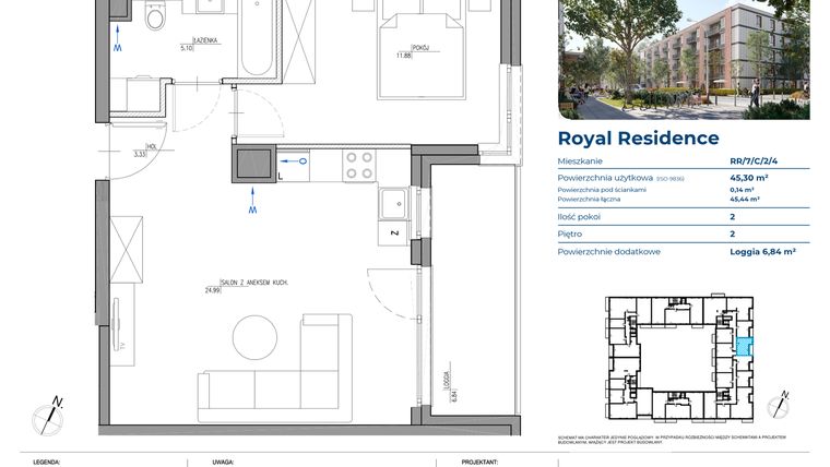 Rzut - Mieszkanie na sprzedaż 2 pokoje o powierzchni 45,3 m² - numer RR/7/C/2/4 w Royal Residence 7