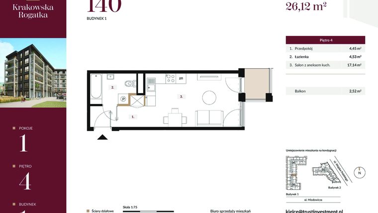Rzut - Mieszkanie na sprzedaż 1 pokój o powierzchni 26,12 m² - numer 1.M140 w Krakowska Rogatka