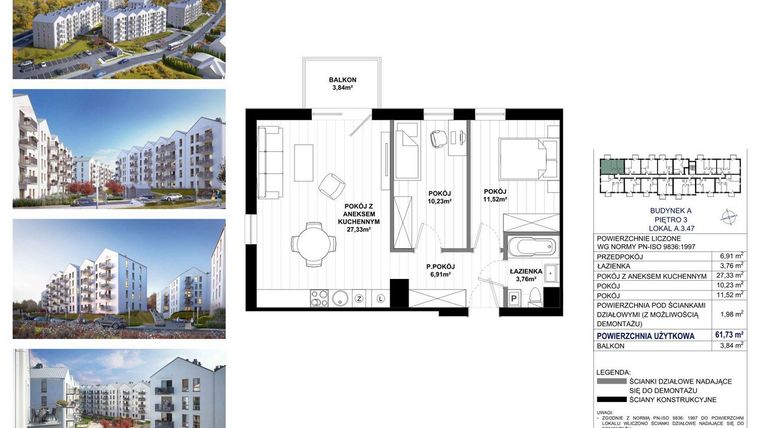 Rzut - Mieszkanie na sprzedaż 3 pokoje o powierzchni 61,73 m² - numer A.3.47 w Skandinavia