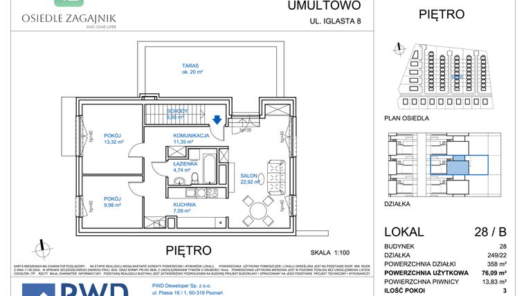 Rzut - Mieszkanie na sprzedaż 3 pokoje o powierzchni 76,09 m² - numer 28/B w Osiedle Zagajnik etap II - mieszkania