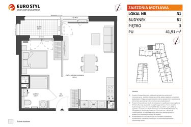 Rzut - Mieszkanie na sprzedaż 1 pokój o powierzchni 41,91 m² - numer B1.31 w Zajezdnia Motława