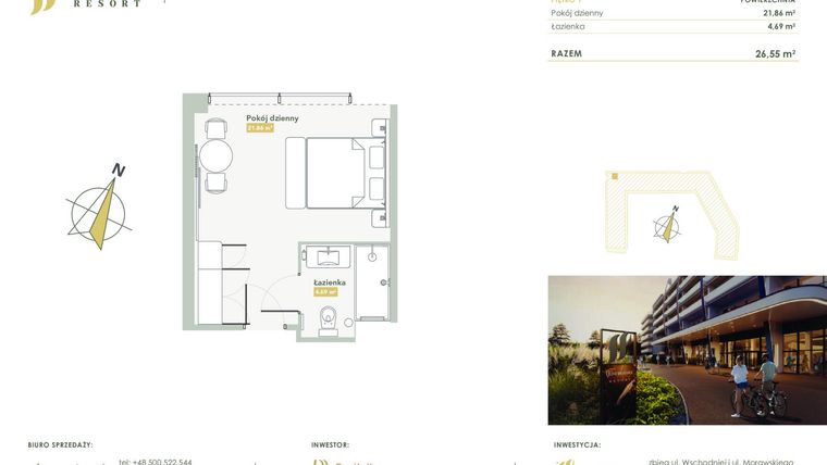 Rzut - Mieszkanie na sprzedaż 1 pokój o powierzchni 26,55 m² - numer H.1.28 w Harmony Resort